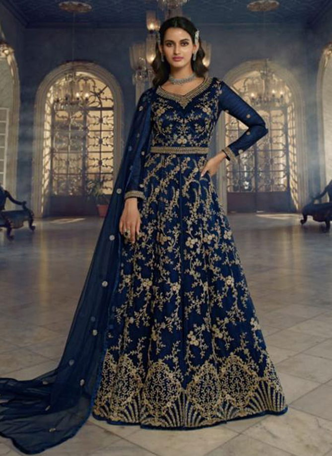 Navy Blue Colour Swagat Voilet New Latest Designer Party Wear Butterfly Net Long Anarkali Suit Collection 5407